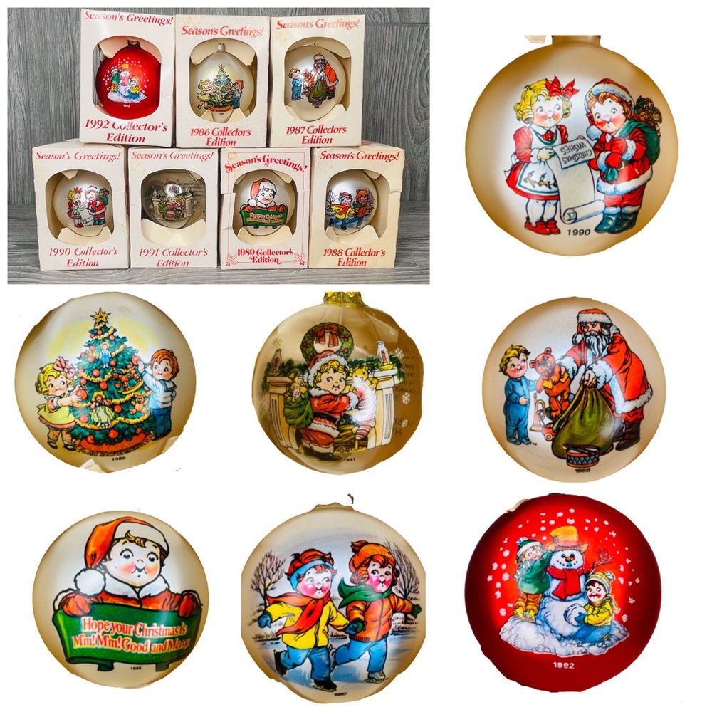Vintage 1980s 7 glass Campbell’s kids round bobble Christmas ornament’s decor
